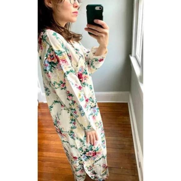 Vintage 90s Floral Henley Bow Nightgown Grunge Cottagecore Midi Dress - Picture 4 of 9